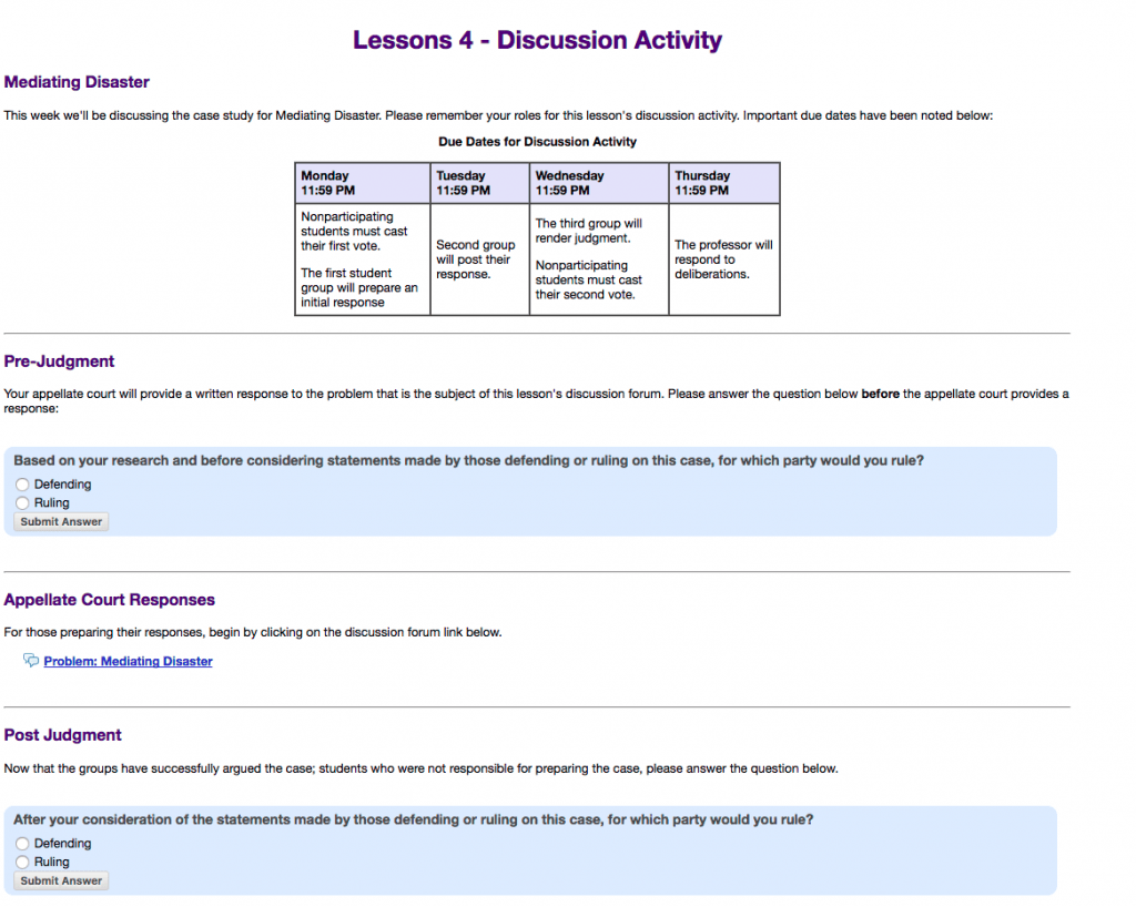 Screenshot of a Sample Lesson subpage (Sakai LMS) discussing the learning activity. Used with permission.