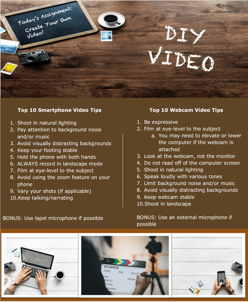 Infographic showing tipcs for filming your own videos. The text of infographic is included after the image on this page.