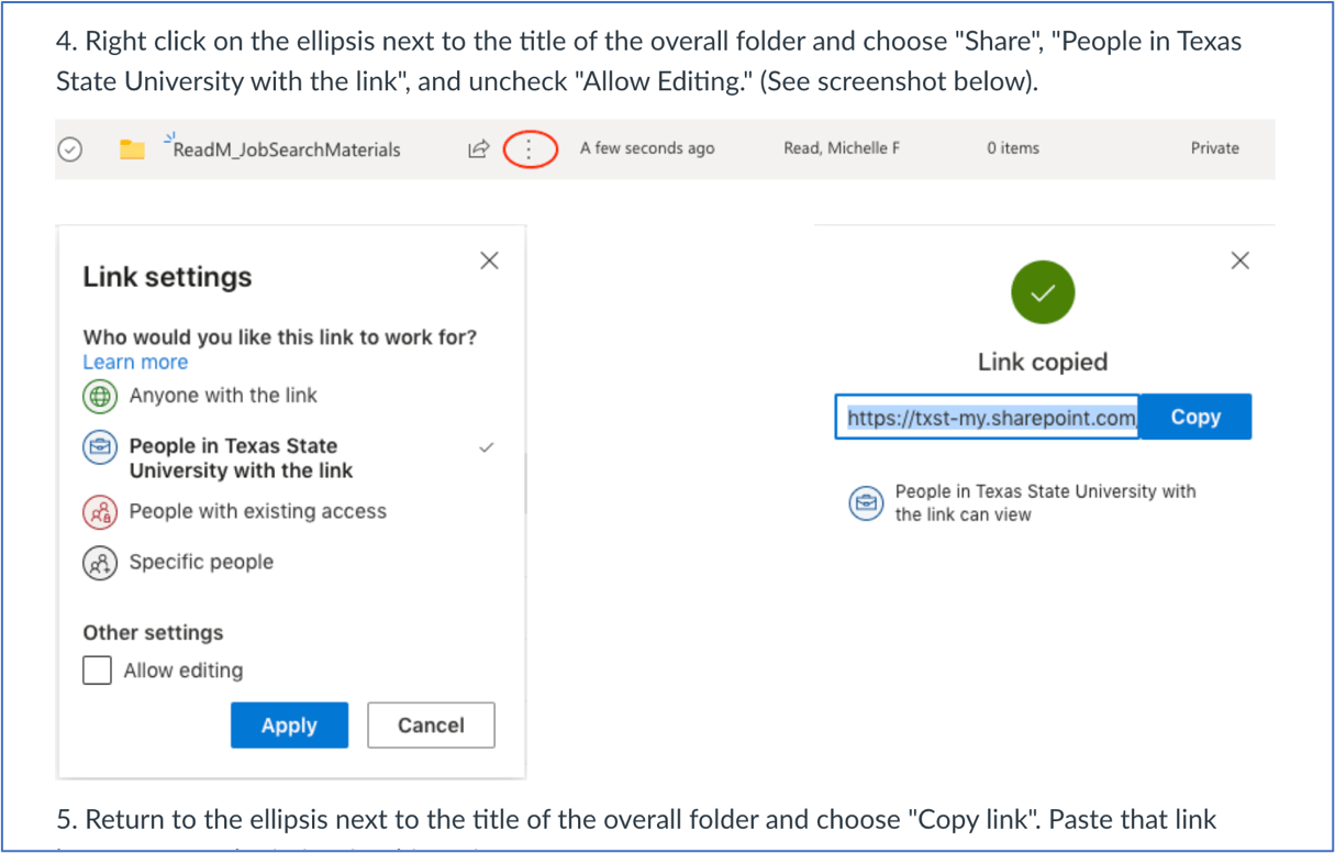 Screenshot showing how to share a folder, disallow editing, and copy the folder link.
